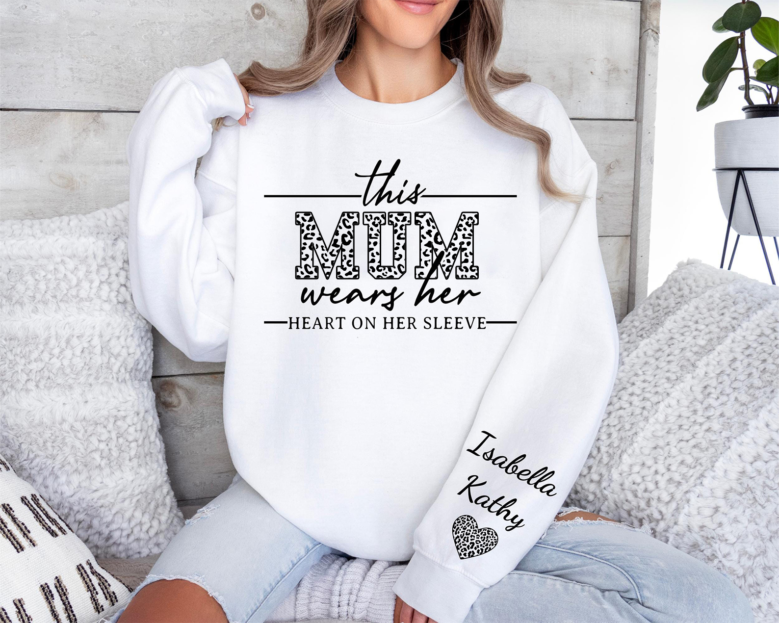 This Mum Wears Her Heart On Her Sleeve-Custom Sweatshirt With Kids Name
